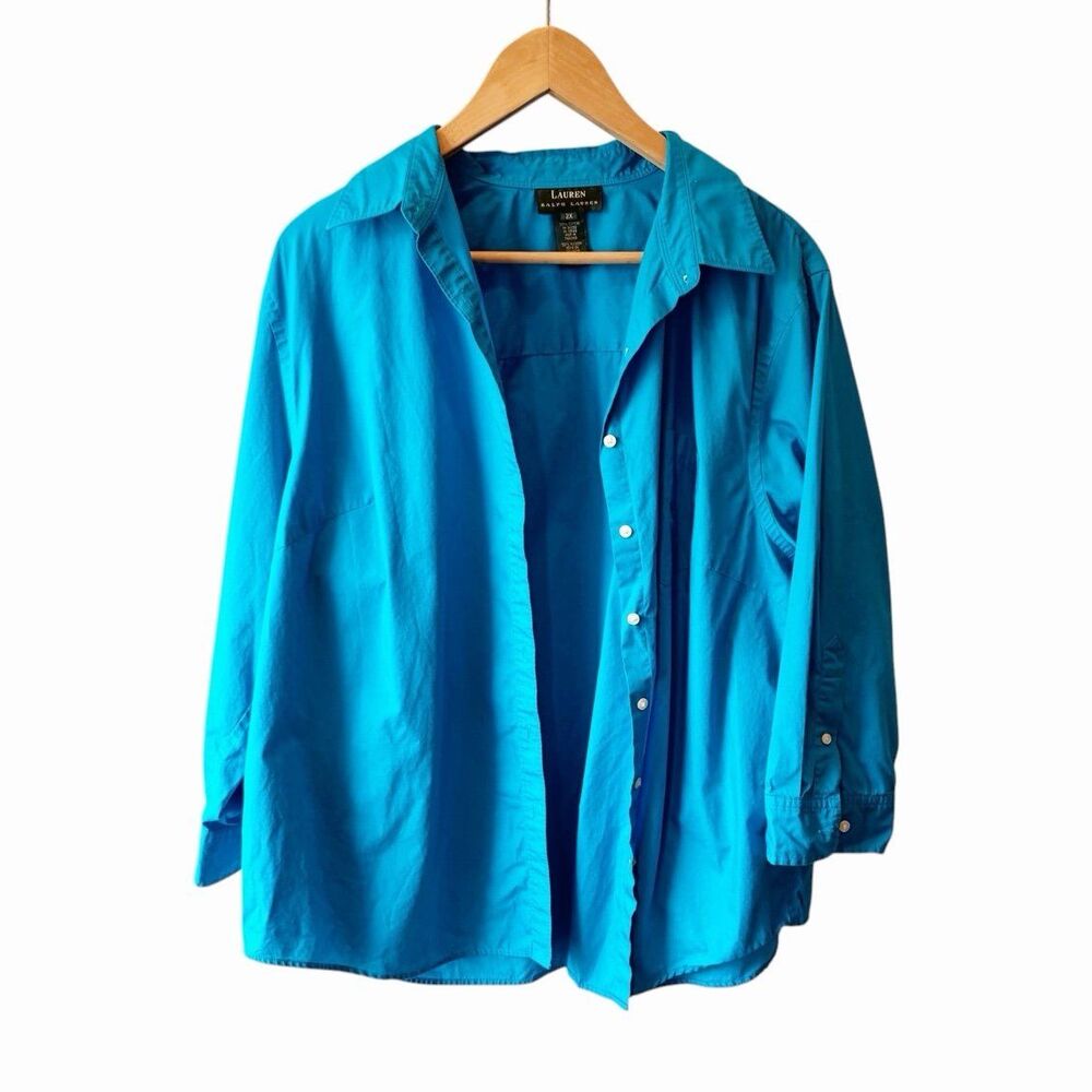 Ralph Lauren Women’s 2X Turquoise Button Front Shirt Plus Size Cotton Top - Picture 4 of 11